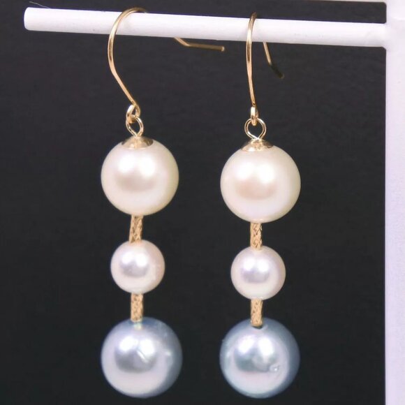 Akoya Pearl Piercing Pearl white/gold5～7.5ｍｍ K18 yellow gold/Pearl 3... - Picture 1 of 7